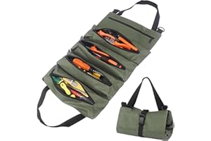 Skibetfo Portable Tool Roll Bag Multi-Purpose Tool Roll Up Pouch Bag Multifunctional Canvas Tool Bag with 5 Zipper Pockets Green Tool Wrap Roll Organiser for Wrench Screwdriver Spanner