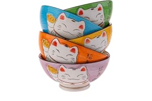 lachineuse - Coffret Bols Japonais Design Maneki Neko - 5 Bols à Riz Traditionnels Ø 11,5 cm - 275 ML - Chat Nippon Porte-Bonheur - Déco Japonaise - Idée Cadeau