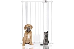 Bettacare Pet Gate with Lockable Cat Flap, 75cm - 84cm, White, 104cm in Height, Extra Tall Dog Safety Barrier with Cat Flap, Easy Installation
