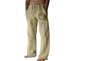 Litthing Mens Linen Trousers Cotton Jogging Bottoms Casual Summer Pants with Pockets Loose Fit Drawstring Trouser Comfortable Lightweight Pant