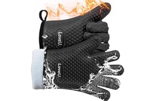 Loveuing Kitchen Oven Gloves - Silicone and Cotton Double-Layer Heat Resistant Oven Mitts/BBQ Gloves/Grill Gloves - Perfect for Baking and Grilling - 1 Pair (Small, Black)