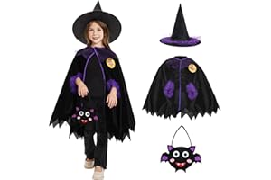 FORMIZON Cape du Magicien D'halloween, Manteau de Sorcière pour Filles, Cape et Chapeau de Sorcière, Sorcier Cape avec Sac Citrouille, Cape de Magicien Sorciere, Witch Party Role Play Cape
