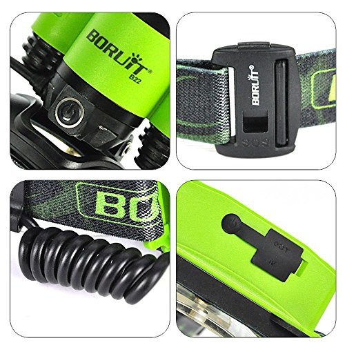 Boruit Led stirnlampe kopflampe 2016 LED-Scheinwerfer mit 4 Modi, super heller nachladbarer Hauptfackel-LED-Scheinwerfer mit grünem Licht, XM-L2 + 2XP-E LED wasserdichte Zoomable Kopf-Lampen-Lampe für das Wandern des kampierenden kletternden das Radfahren-Fischensicherheits-Lichtes - 6