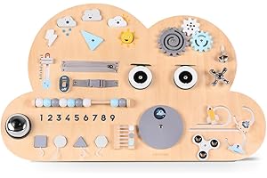 Beeloom - Tableau d'activité Multifonctionnel en Bois Montessori, Cloud Busy Board, Tableau avec 17 activités pour Les Enfants Couleur Bleue, et Design en Forme de Nuage