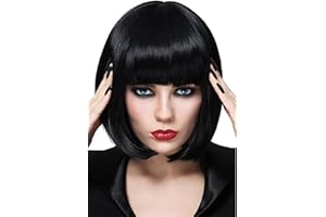 Colorful panda Perruque Noire courte Bob droite avec frange pour femme, perruques de cheveux raides naturels brésiliens synthétiques résistants à la chaleur pour cosplay, fête, Halloween, quotidienne