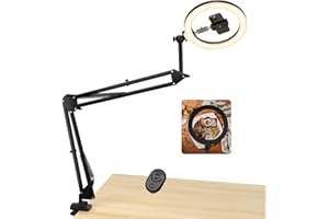 RealPlus 10" Ring Light Telefono, Ripresa dall'Alto, Ripresa Orizzontale, Scrivania e Comodino con Doppio Scopo Pertreppiede per Smartphone con Luce per Video, Live Streaming, Foto, Creazione, Pittura