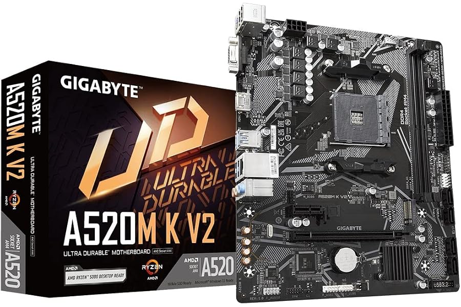 Amazon listing image: GIGABYTE A520M K V2 (Rev. 1.0) Micro-ATX Motherboard – AMD AM4, DDR4 (5100 MHz OC), PCIe…