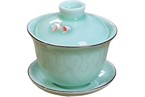 MOZENTEA Gaiwan - Set di tazze da tè in ceramica con coperchio, per tè tradizionale cinese Gongfu, cerimonia di birra, tè Oolong/Puerh (pesce)