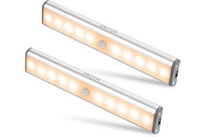 MOSTON Motion Sensor Cabinet Lights, 10 LED Wireless Under Cupboard Light with Built-in Rechargeable Battery, Stick-on Anywhere Magnetic Night Lighting for Closet Kitchen Wardrobe, Warm White (2 Pack)