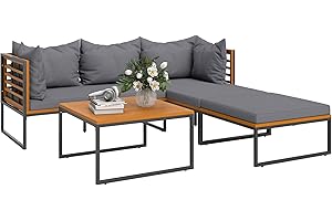 Outsunny Conjunto de Jardín Exterior de 4 Piezas Muebles Jardín Exterior en Forma de L con Sofá de Esquina, 2 Sofás de 2 Plazas y Mesa de Centro de Madera de Acacia con Cojines Acolchados Gris y Teca