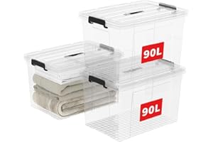 Cetomo 90L*3 Boîte de Rangement, Bac de rangement avec Poignée, Plastique Organisateur avec Couvercle, Empilable, Transportable, pour Vêtements, Bureau, Chambre, Dortoirs, Transparent, 90L - Lot de 3