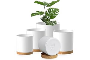 Homeuouz 5 Pack Plastic Plant Pots,17.5/15/14/12.5/10CM,Flower Pot Large Plant Pots Indoor Outdoor Plastic Plant Pot with Drainage Holes and Tray for House Plant Flower（White with Brown Tray）