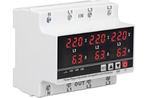 Walfront Protecteur de Tension Triphasé, 3 Phases, 3-4 Fils, Voltmètre, Ampèremètre, Rail DIN, Protecteur de Surintensité Réglable, AC120V–300V 63A