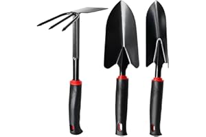 KATLKIU Kit Giardinaggio 3 Pezzi – Set Attrezzi da Giardino in Acciaio Inossidabile con Impugnatura Antiscivolo, Paletta Giardinaggio, Trapiantatore e Zappa Doppia per Orto, Serre, Fioriere e Scavo