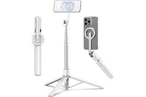 TONEOF 173cm Trípode Magnético para Movil Palo Selfie, Soporte Magnético de Aluminio-Teléfono Giratorio de 360°, Trípode Viaje Retráctil con Anillo Metálico&Control,Kits de Vídeo para Teléfonos-Blanco