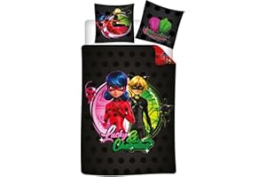 Aymax Zestaw pościeli Miraculous dla 1 osoby, poszwa na kołdrę Biedronka i Kot Czarny 140x200 cm + poszewka na poduszkę 65x65 cm, Polibawełna