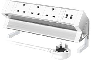 HANNELORE Desk Power Socket with 2 USB Slots, Extension Lead 3 Way Plug and 2 Desk Mount Clamp, Aluminium Desk Clamp Power Strip Desktop Power Outlet for Desk Edge 1.8in, 1.8M Extension Cords, 2500W/13A