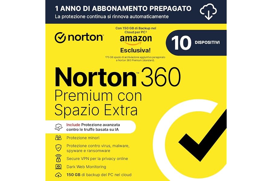 Norton 360 Premium| Extra Spazio Archiviazione|Esclusiva Amazon * 75 GB extra Cloud Backup| Antivirus 10 dispositivi |1 anno 