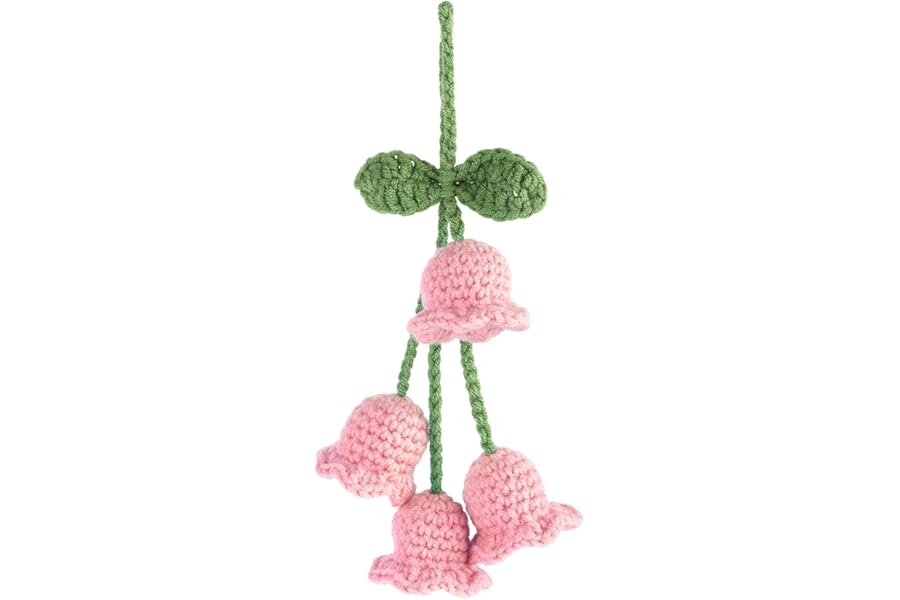 Rear View Mirror Hanging Accessories, Cute Car Accessories for Women, Bellflower Hand Knitted Car Pendant, Mirror Hanging Accessories for Your Car (Pink)