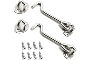 BuxiuGK 2 Pack Cabin Hook Eye Door Latch Stainless Steel 4 Inch/100mm with 8 Mounting Screws for Shed Doors Cabinet Doors
