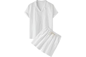 PINTUTU Survêtement d'été 2 pièces pour homme - En coton et lin - Blanc - Avec poches et chemise de sport - Pour homme - Léger et à séchage rapide Ensemble Chemise Short Homme
