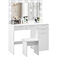 TUKAILAi White Large Dressing Table Set with Hollywood 12 LED Lights Mirror and Cushioned Stool, Vanity Desk Set Makeup Table with 4 Drawers and Storage Unit Dresser for Bedroom Girls Women