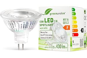 greenandco® LED spot zastępuje 40 wat MR16 GU5.3 halogen spot, 5W 430 lumenów 3000K ciepła biel 38° 12V AC/DC, nie ściemniacz