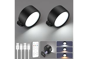 HOTUT 2 Piezas Lámpara de Pared Inalámbrica Recargable, Lámpara de Pared LED con Mando a Distancia y Temporizador, Luz de Pared de Interior, 3 Colores y Brillo Regulable 360 ° Giratorio - Negro