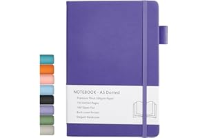 BEINUSHOR Cuaderno Dotted Journal, Cuaderno de puntos con Tapa Dura con Papel Grueso Premium de 100gsm, Lazo Para Bolígrafo, Bolsillo Interior, Bandas Elásticas, 192 Páginas/Hojas, 14,5 x 21,3 cm (Morado)