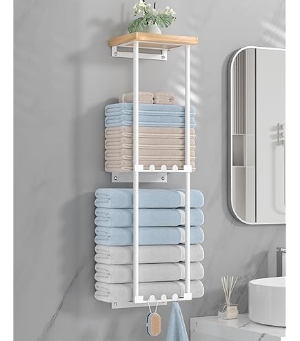 AIRUJIA Handdoekenrekken met Opbergplank - Wandgemonteerd Handdoekhouder voor Badkamer met Handdoekopslag en Opbergrek