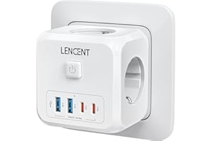 LENCENT Cubo Enchufe USB 7 en 1, Ladron Enchufes 4000W, Cubo Enchufes Múltiples Pared con 3 Tomas de CA, 2 USB-A, 2 Tipo-C y Interruptor, Cargador para Oficina, Cocina y Habitación, Blanco