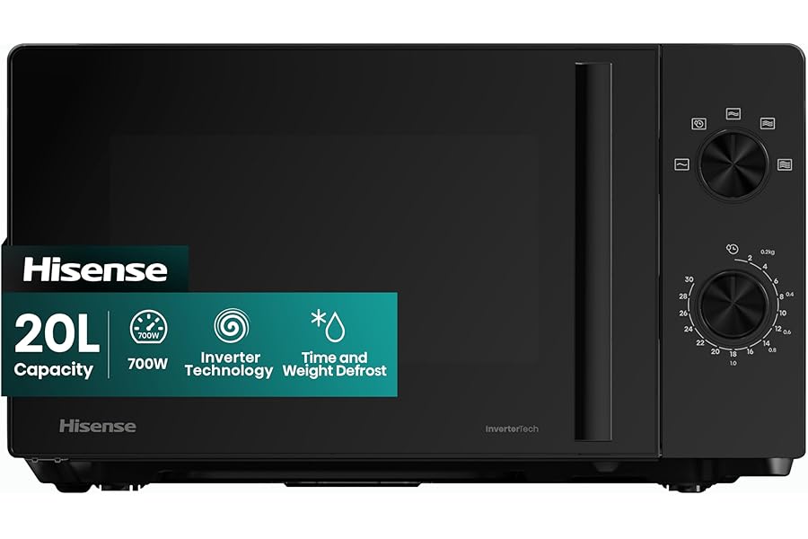 Hisense 700 Watts 20 Litre Inverter Microwave Oven H20MOBP1HIUK Black, Automatic Defrost, 5 power levels, Easy Clean, H24.1 x W43.4 x D32.9 cm Freestanding