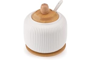GALICJA OSBORN Zuccheriera in ceramica con cucchiaio e coperchio in bambù – Zuccheriera bianca – Stabile zuccheriera in ceramica con coperchio e cucchiaio – accessori da cucina – 9,8 x 9,8 x 11,8 cm