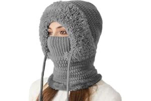 HOIDOKLY Bonnet 3 en 1 avec écharpe et masque, bonnet tricoté pour femme avec doublure en polaire