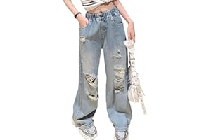 Hangzhikids Girls' Casual Elastic Waist Wide Leg Jeans Cool Ripped Jeans Age 5-14 Years