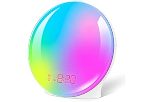CLUHERTVY Reloj despertador con luz de despertador con simulación de amanecer/atardecer, alarmas duales y función de repetición, 10 sonidos naturales, lámpara de atmósfera de 7 colores y radio FM