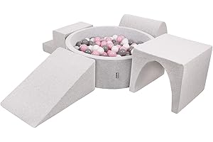 KiddyMoon Foam Playground For Kids With Round Ballpit (300 Balls) Obstacle Course, Lightgrey:White/Grey/Powderpink