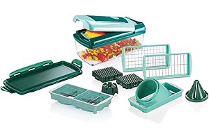 Genius A34035 Nicer Dicer Fusion Smart 12-częściowy zestaw do krojenia warzyw z pojemnikiem na ścinki, wkładką nożową XXL i wkładką spiralną Julietti | kostki, słupki, ćwiartki, ósemki, Julietti, PP