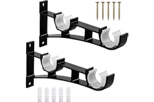 SMATIME 2 Pcs Curtain Rod Brackets Set Double Curtain Rod Holder Hooks Heavy Duty Curtain Pole Bracket Holders Metal Curtain Rod Support with Screw for Curtain Poles Wall Clothes Rod Black, Hold Up to 50kg