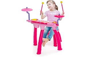 Maxmass Kids Piano and Drum Set, 24-Key Electric Keyboard Drum Kit with 2 Drum Sticks, LED Lights, Headset & Microphone, MP3, Record, Stool, Children Music Instrument Toys Set for Boys Girls (Pink)