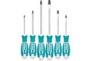 TOTAL - Jeu de 6 tournevis à pointe aimantée - 3 à tête plate et 3 à tête Phillips - Avec tige ronde - Manche ergonomique bimatière - Acier - Force De Serrage Maximum