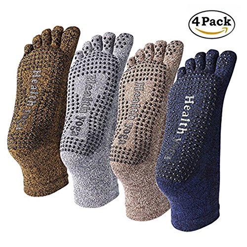 SANIQUE 4 paires Hommes Cinq Chaussettes Doigts Chaussettes Yoga en Coton de Chaussettes Anti-dérapant Chaussette Orteil Complet-Doigts de Pied Séparés Grip Socks - EUR 38-44 (Groupe 3)