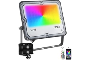 Indmird Faretto LED RGB Esterno 50W, Faro LED Esterno IP66 Impermeabile Proiettori LED, Faretti RGB con Controllo APP Bluetooth e Timer, Luce d'Atmosfera RGB per Festa Natale Giardino Corridoio