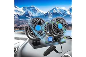Quunoot Doppelkopf 12V Auto Ventilator, 360 Grad drehbar mit 2 Geschwindigkeiten Doppellüfter Geeignet mit Zigarettenanzünder Plug In für 12 Volt Autos