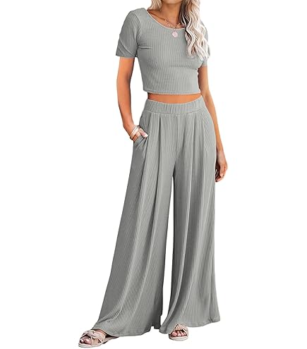 Set Due Pezzi Donna - Crop Top E Pantaloni Svasati In Maglia Costine, Tuta Sportiva - Foto 4