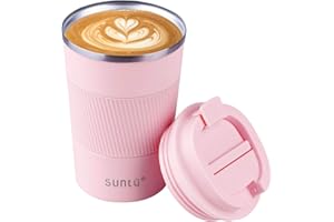 SUNTQ Reusable Coffee Cups Travel - Coffee Travel Mug with Leakproof Lid - Thermal Mug Insulated Cup - Stainless Steel Travel Cup with Rubber Grip - for Hot and Cold Drinks, 13oz/380ml, Pink