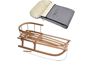‎BAMBINIWELT24 BambiniWelt24 BAMBINIWELT Kombi-Angebot Holz-Schlitten mit Rückenlehne & Zugseil + universaler Winterfußsack (90cm), geeignet für Babyschale, Kinderwagen, Buggy, Wolle Uni (Hellgrau)