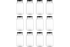novelinks Lot de 12 bocaux Mason en plastique transparent de 946 ml avec couvercles – Passe au lave-vaisselle – Bocaux en plastique de 946 ml avec couvercles pour (noir)