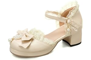 ULALAZA Chaussures Mary Jane à Talons Hauts pour Femmes Sweet Party Festive Lace Bow Pearl Strawberry Cute Dress Shoes