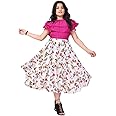Aarya Girl's Ruffle Neck Printed Midi Length Dresses